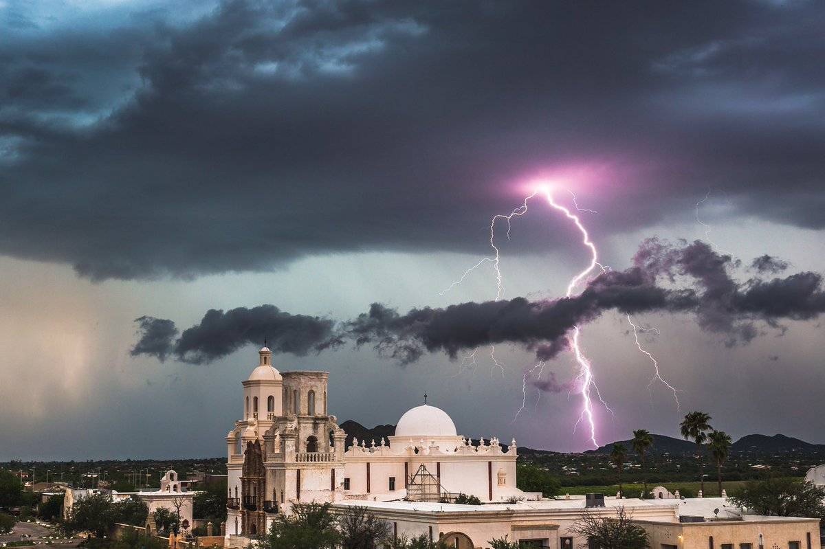 Lightning over the San Xavier Mission south of Tucson, Arizon by Lori Grace Bailey @lorigraceaz