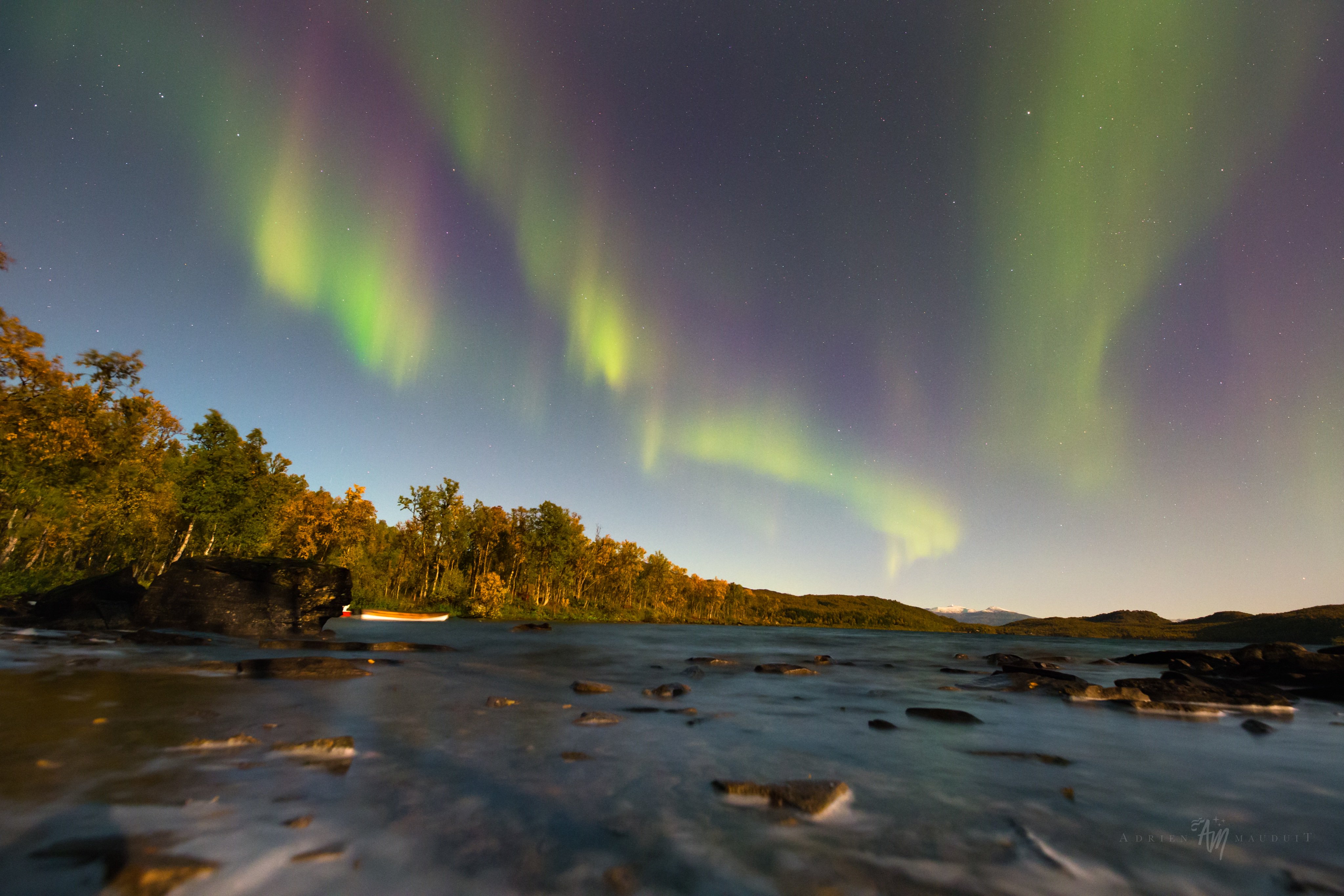 Full harvest moon aurora show over Storvatnet on Senja island, Norway by Adrien Mauduit @NightLights_AM