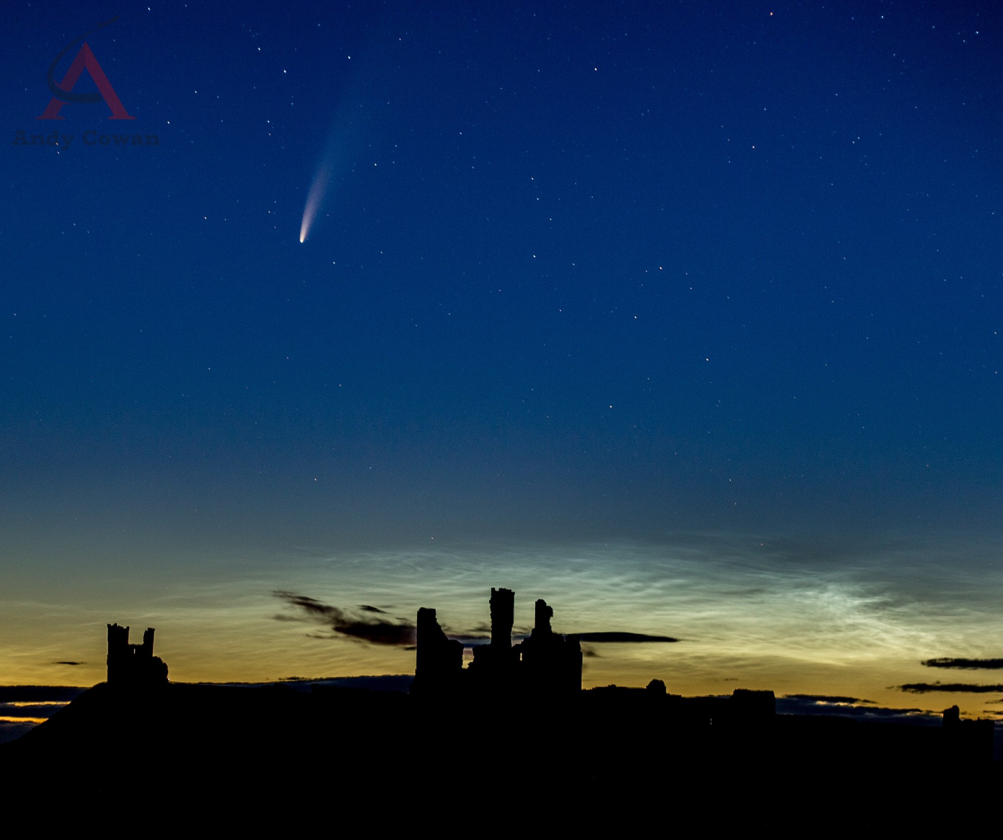1st Place Comet C/2020 F3 NEOWISE over Dunstanburgh castle in Northumberland with Noctilucent clouds by Andrew Cowan @andycowanphotos